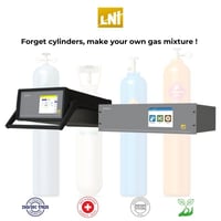Gas mixing devices pictured in front of four gas cylinders, with the tag line "forget cylinders, make your own gas mixture!"
