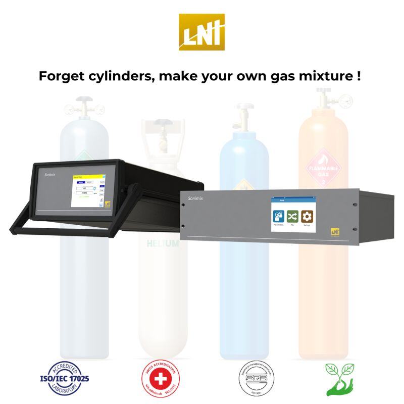 Gas mixing devices pictured in front of four gas cylinders, with the tag line 